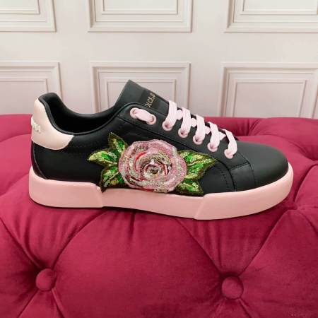 Dolce & Gabbana Women's Calfskin Portofino Light Sneakers with Rose Embroidery - Black & Pink - Image 5
