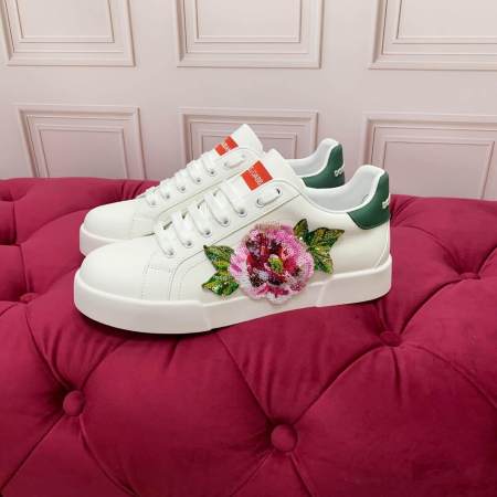 Dolce & Gabbana Women's Portofino Light Sneakers with Sequin Rose Embroidery - White & Green