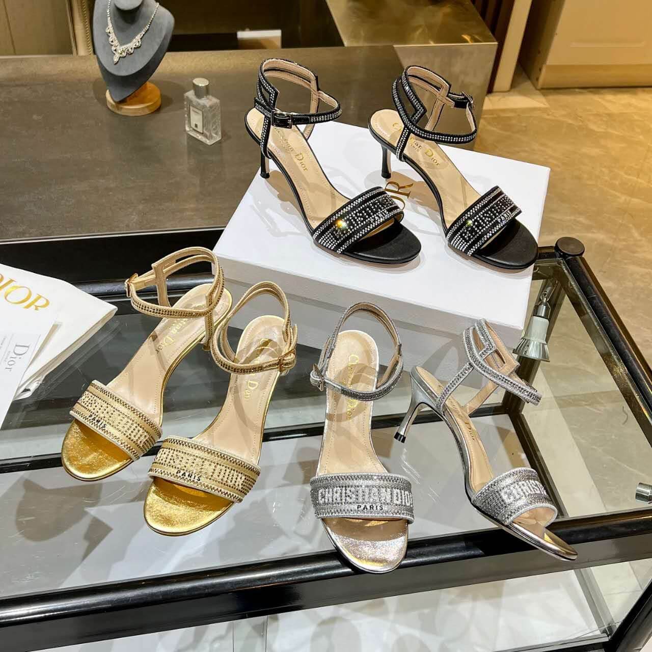 Dior Dway Heeled Sandal Gold with Mixed Pitch Heel - Image 9