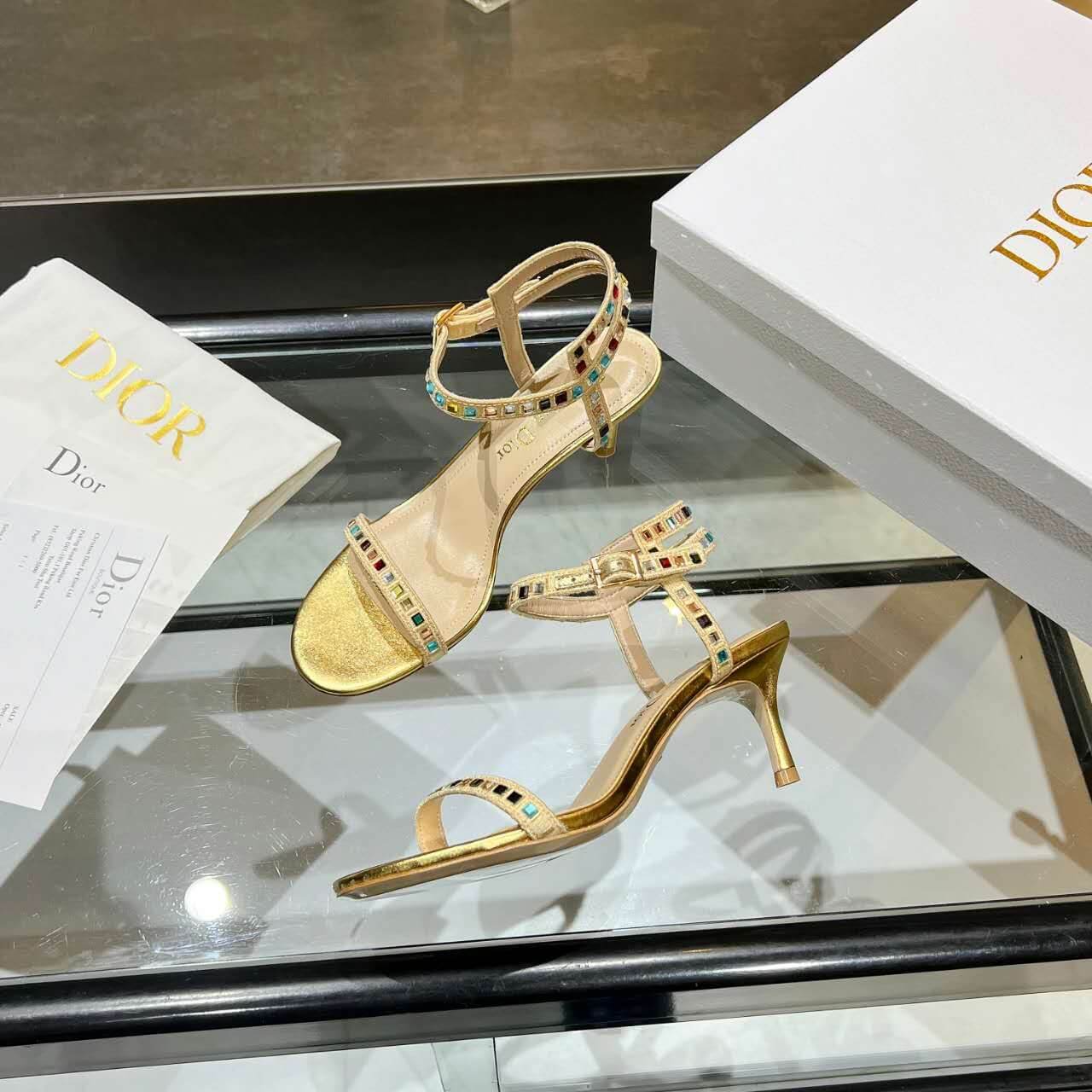 Dior Dway Heeled Sandal Gold with Mixed Pitch Heel - Image 3