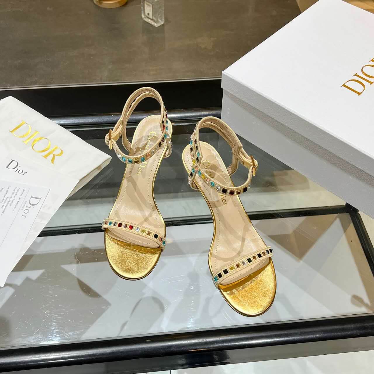 Dior Dway Heeled Sandal Gold with Mixed Pitch Heel - Image 10