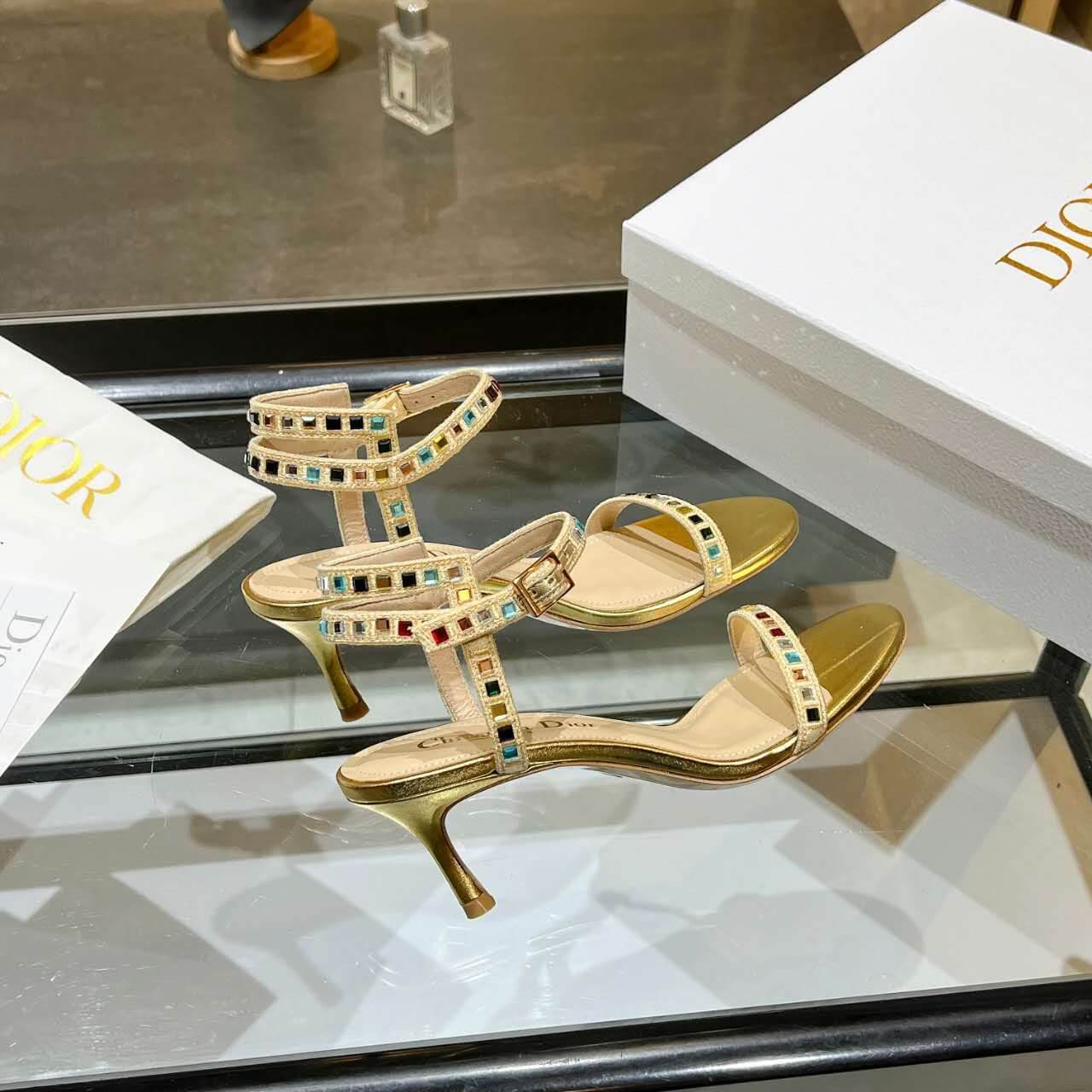 Dior Dway Heeled Sandal Gold with Mixed Pitch Heel - Image 8