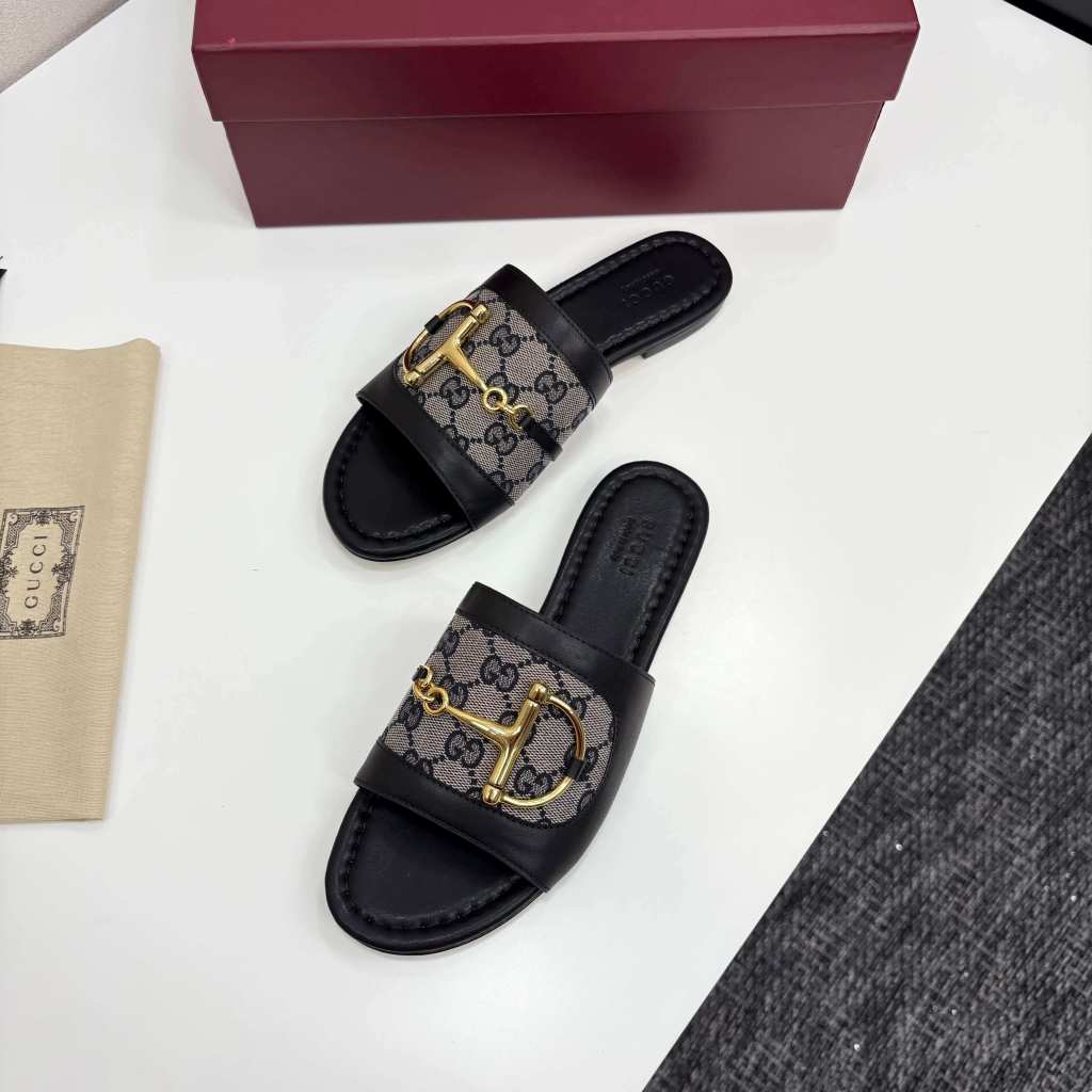Gucci Women's Black Leather Slide Sandals with Horsebit and GG Monogram Canvas