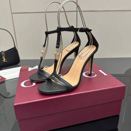 Gucci Women's Black Leather Stiletto Sandals with Embellished T-Strap