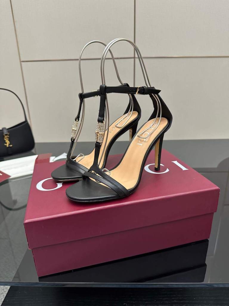 Gucci Women's Black Leather Stiletto Sandals with Embellished T-Strap