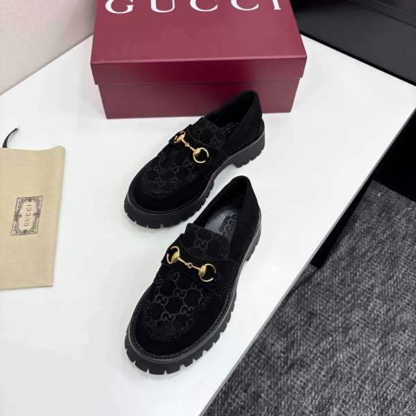 Gucci Women's Black Suede Lug-Sole Loafers with Horsebit and GG Monogram