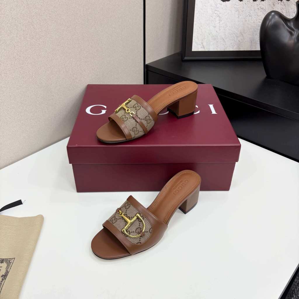 Gucci Women's Brown Leather Block Heel Slide Sandals with Horsebit and GG Monogram Canvas