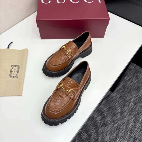 Gucci Women's Brown Leather Lug-Sole Loafers with Horsebit