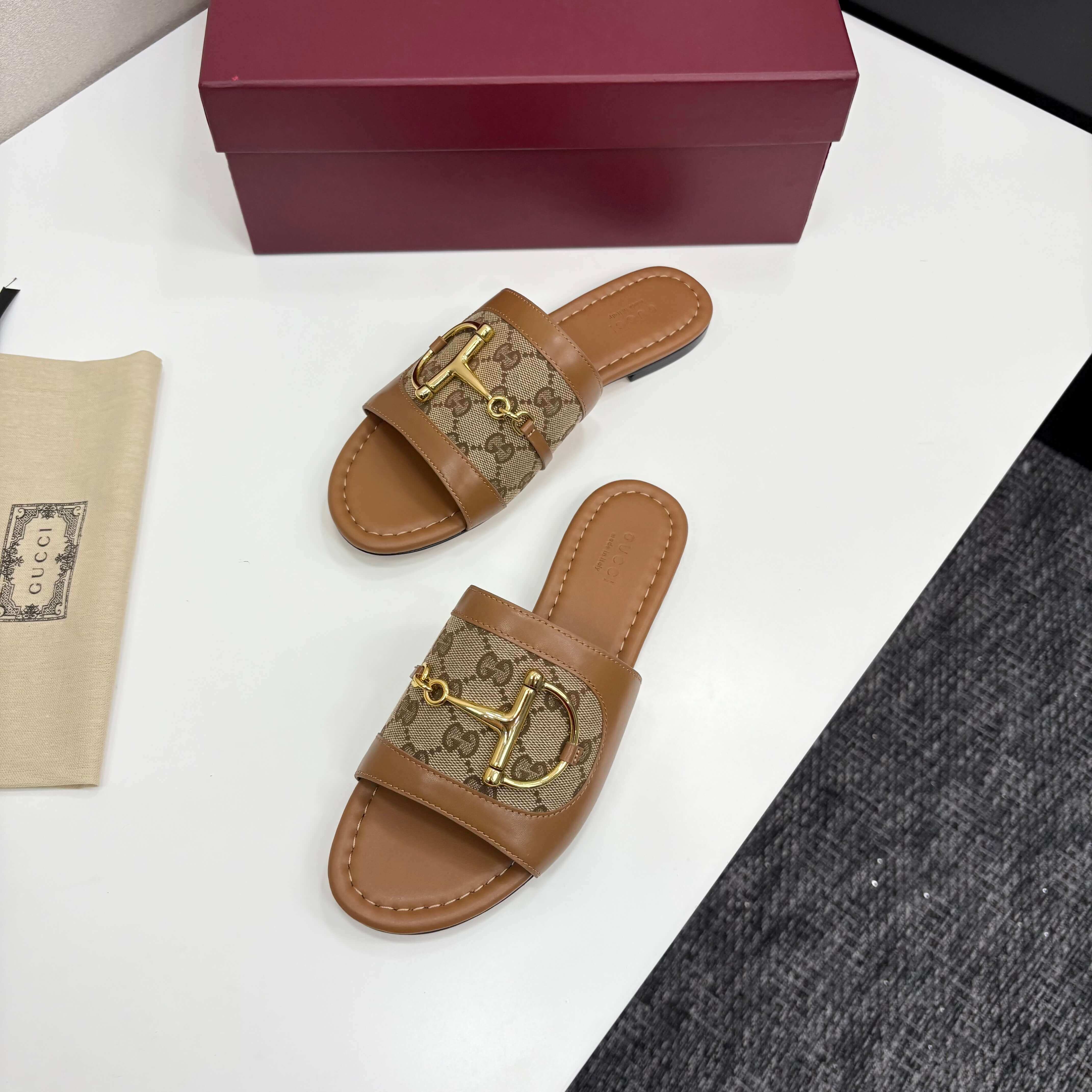 Gucci Women's Brown Leather Slide Sandals with Horsebit and GG Monogram Canvas