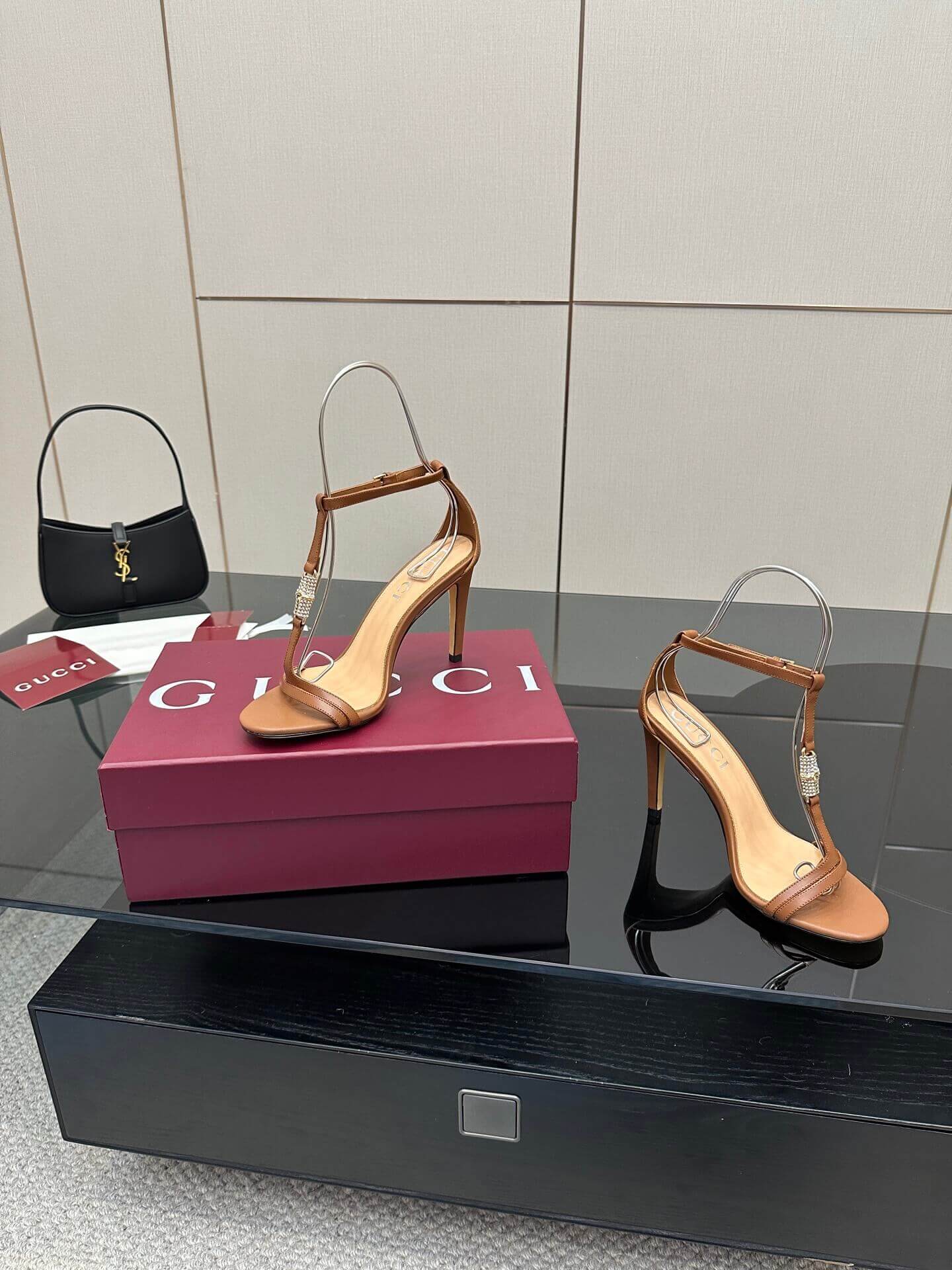 Gucci Women's Brown Leather Stiletto Sandals with Embellished T-Strap - Image 8