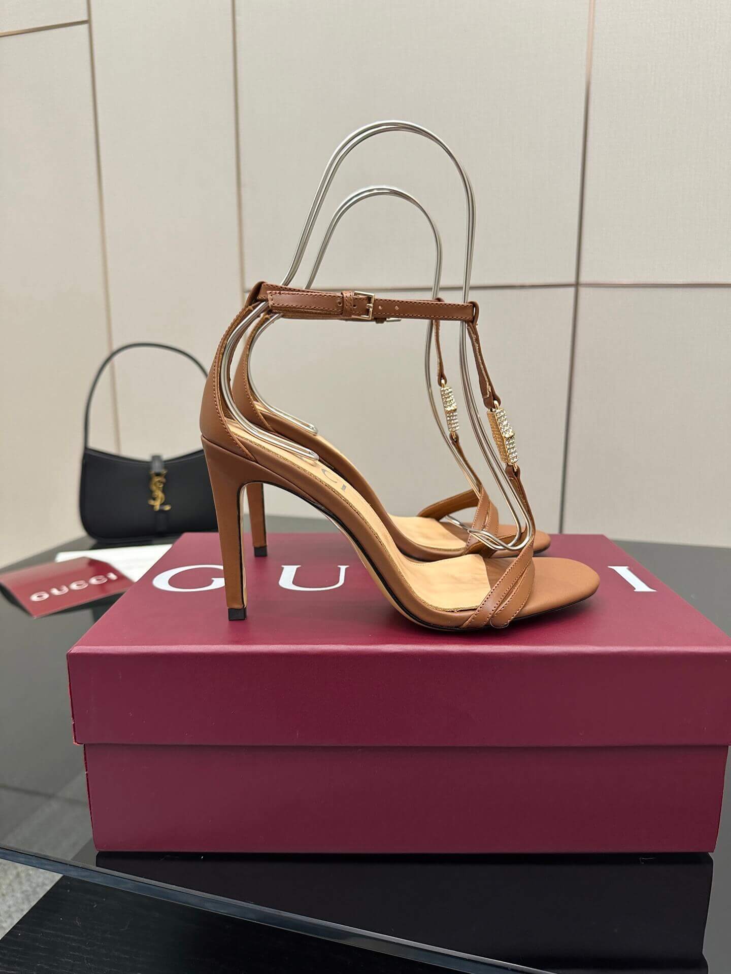 Gucci Women's Brown Leather Stiletto Sandals with Embellished T-Strap - Image 4