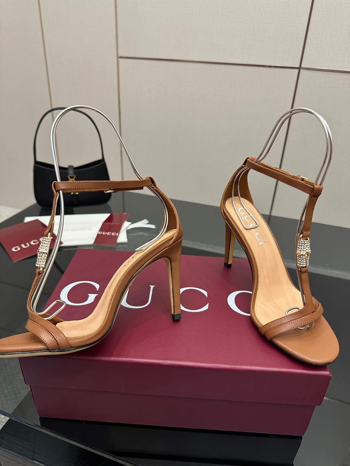 Gucci Women's Brown Leather Stiletto Sandals with Embellished T-Strap - Image 5