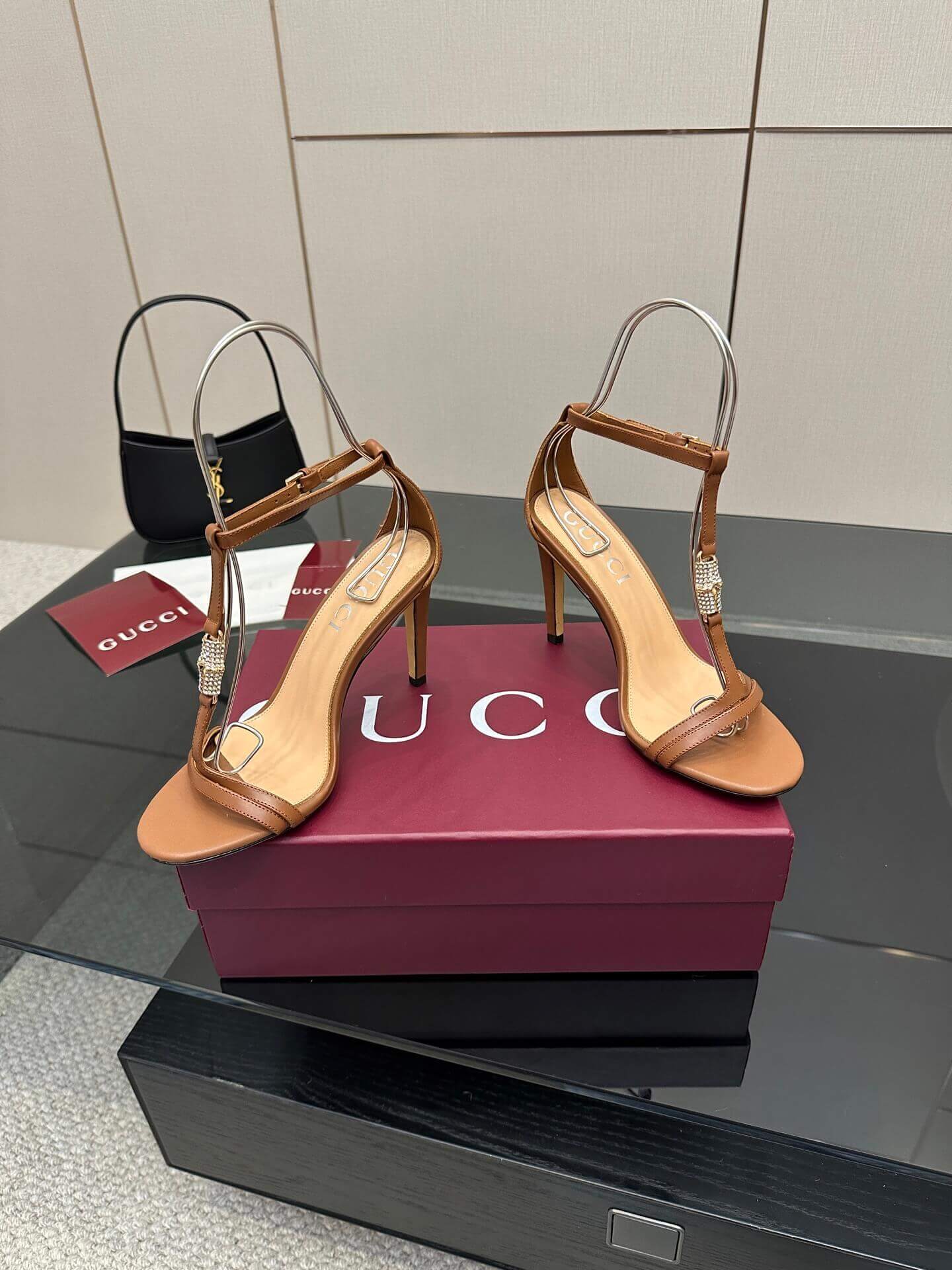 Gucci Women's Brown Leather Stiletto Sandals with Embellished T-Strap - Image 6