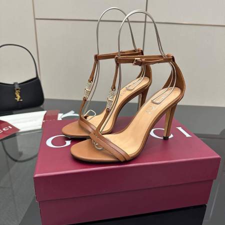 Gucci Women's Brown Leather Stiletto Sandals with Embellished T-Strap