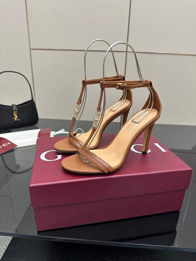 Gucci Women's Brown Leather Stiletto Sandals with Embellished T-Strap