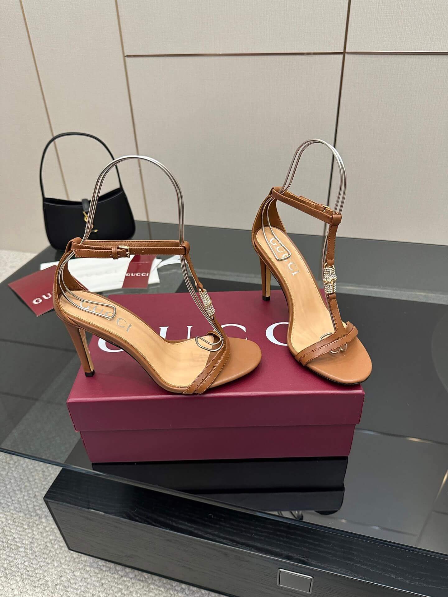 Gucci Women's Brown Leather Stiletto Sandals with Embellished T-Strap - Image 7