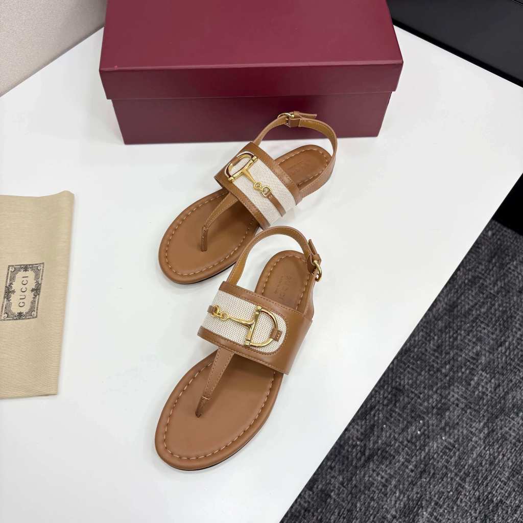 Gucci Women's Brown Leather Thong Sandals with Horsebit and Web Stripe