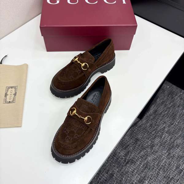 Gucci Women's Brown Suede Lug-Sole Loafers with Horsebit.