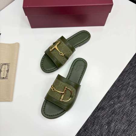 Gucci Women's Green Leather Slide Sandals with Horsebit and GG Monogram Canvas