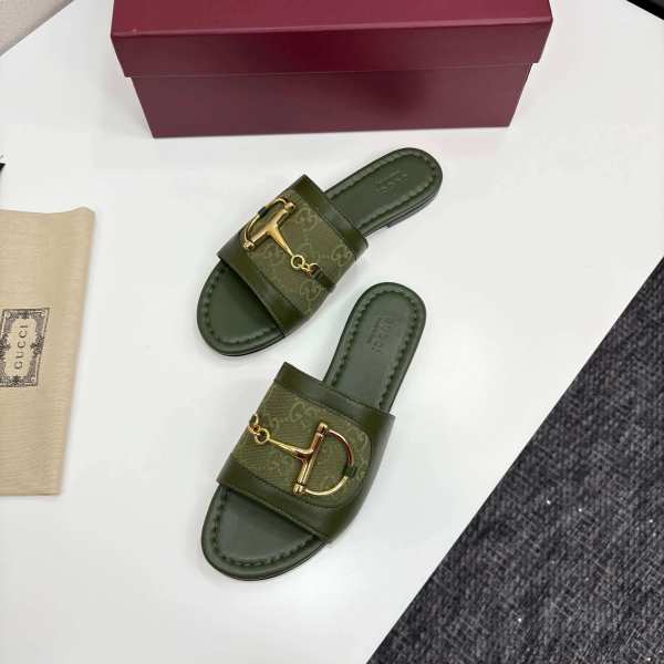 Gucci Women's Green Leather Slide Sandals with Horsebit and GG Monogram Canvas