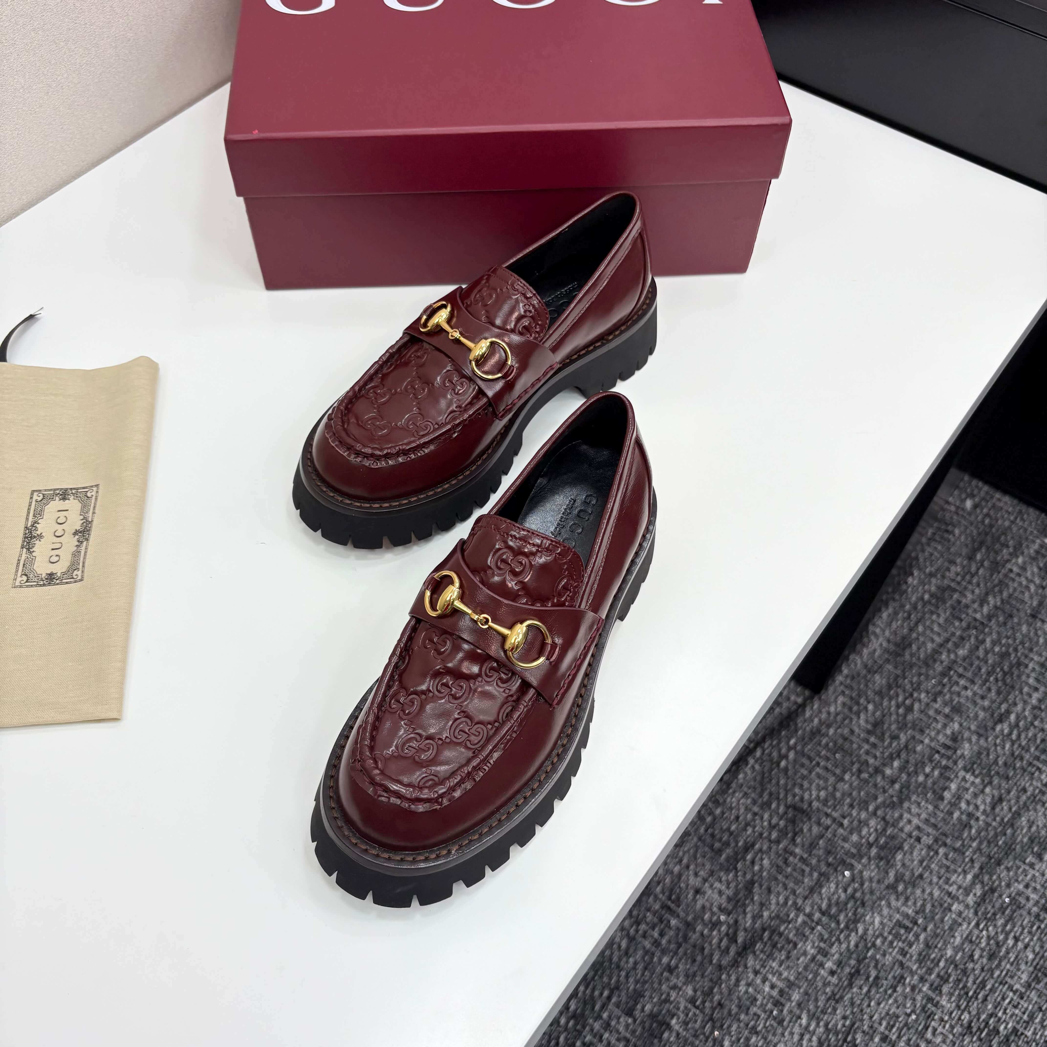 Gucci Women's Rosso Ancora Red Leather Lug-Sole Loafers with Horsebit