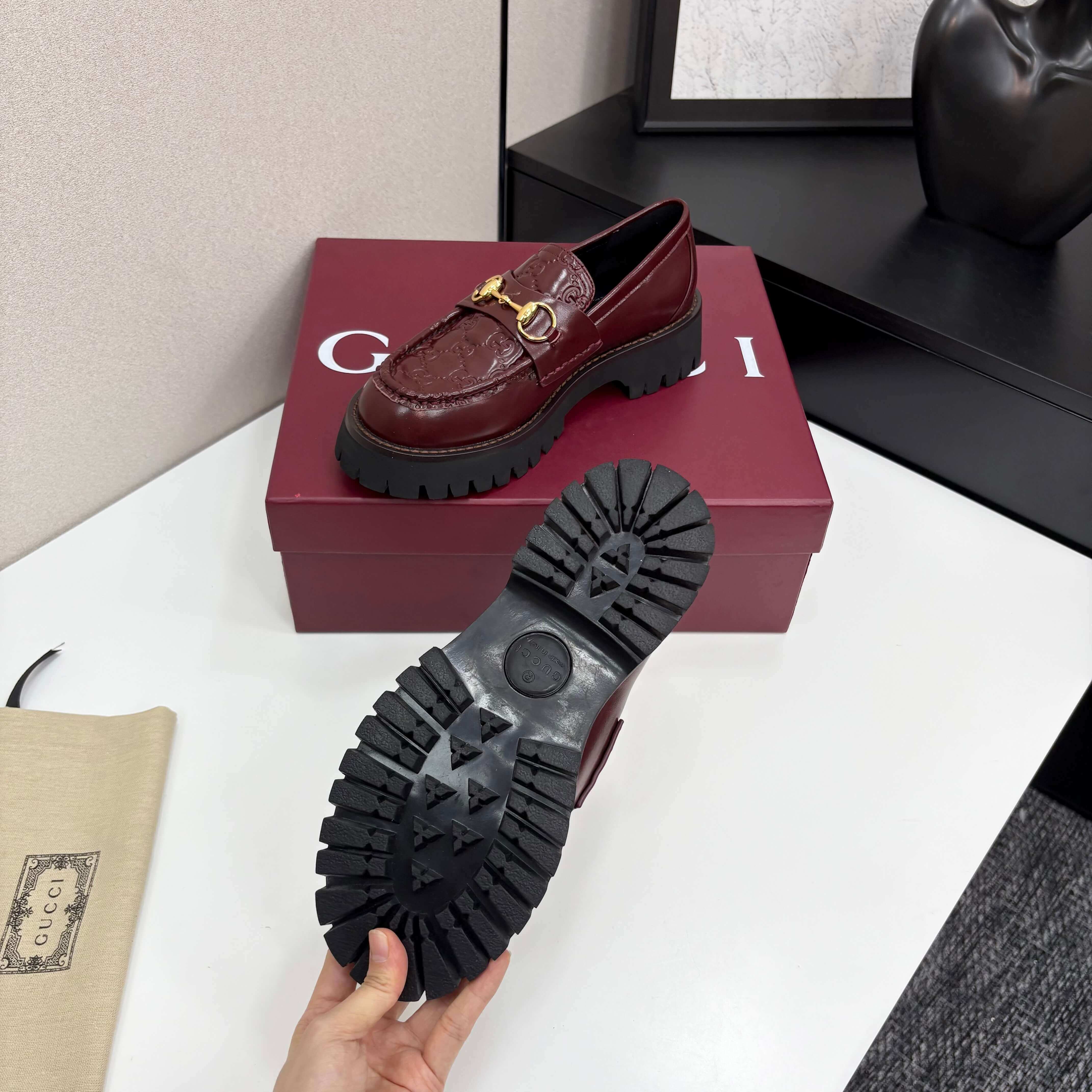 Gucci Women's Rosso Ancora Red Leather Lug-Sole Loafers with Horsebit - Image 6