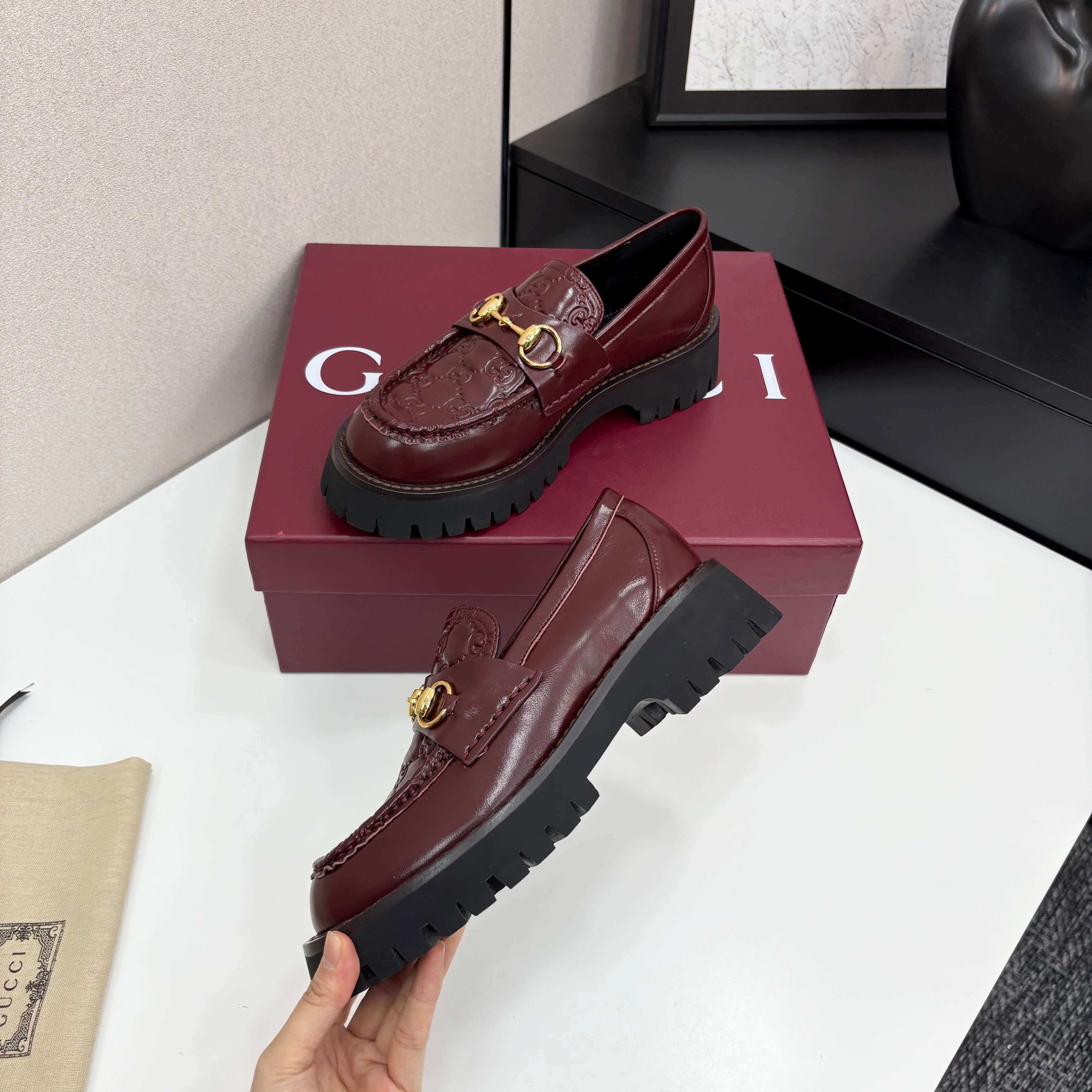 Gucci Women's Rosso Ancora Red Leather Lug-Sole Loafers with Horsebit - Image 7