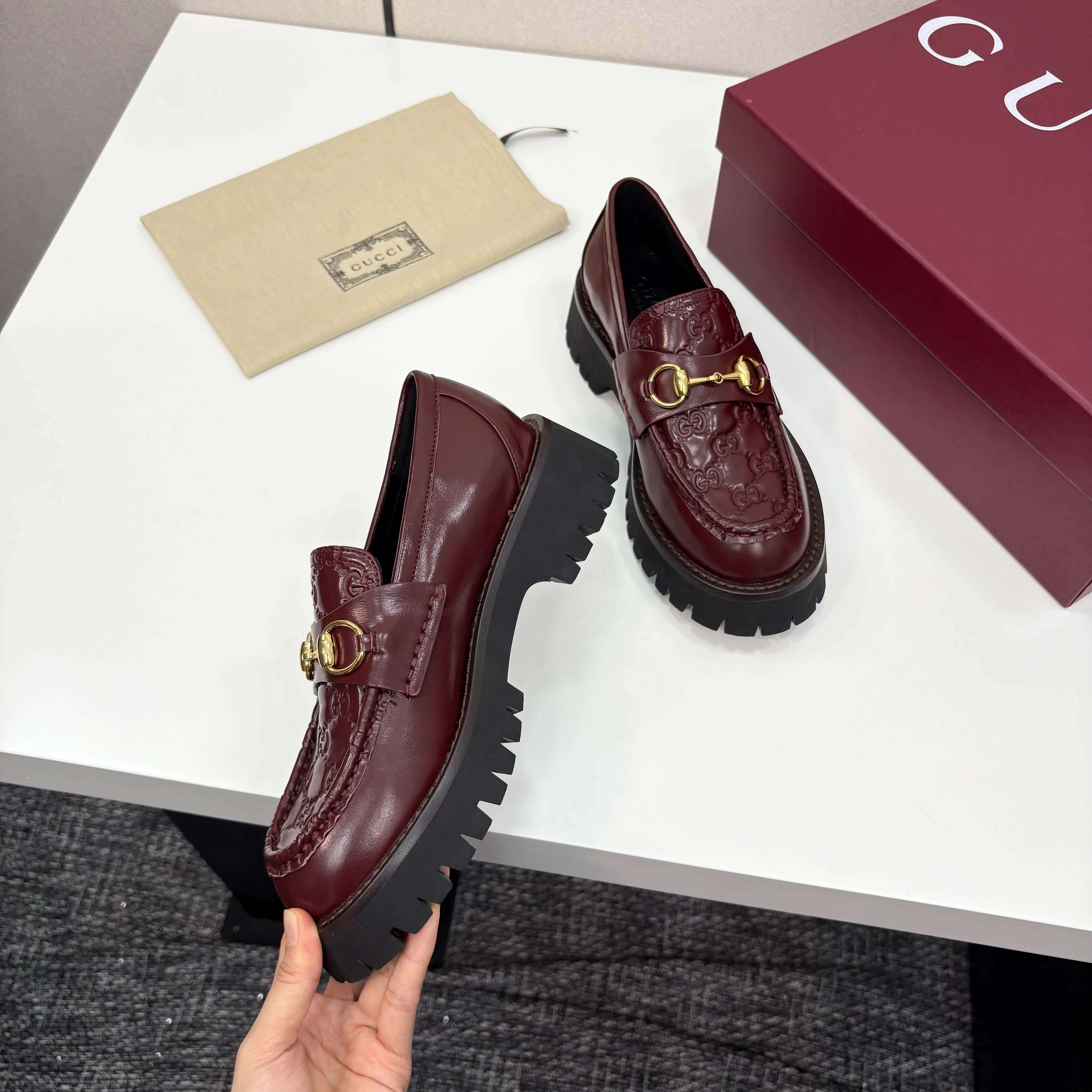 Gucci Women's Rosso Ancora Red Leather Lug-Sole Loafers with Horsebit - Image 3