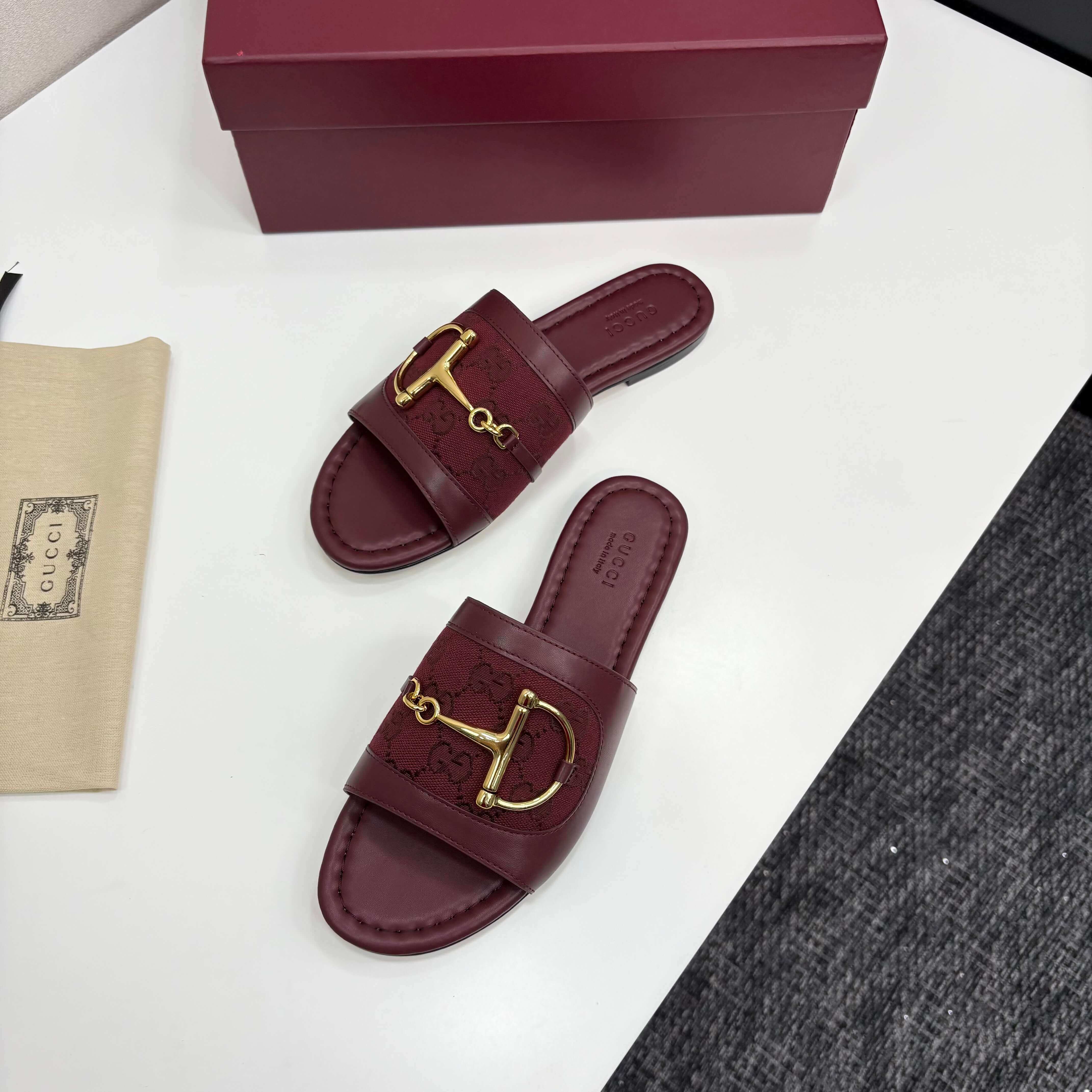 Gucci Women's Rosso Ancora Red Leather Slide Sandals with Horsebit and GG Monogram Canvas