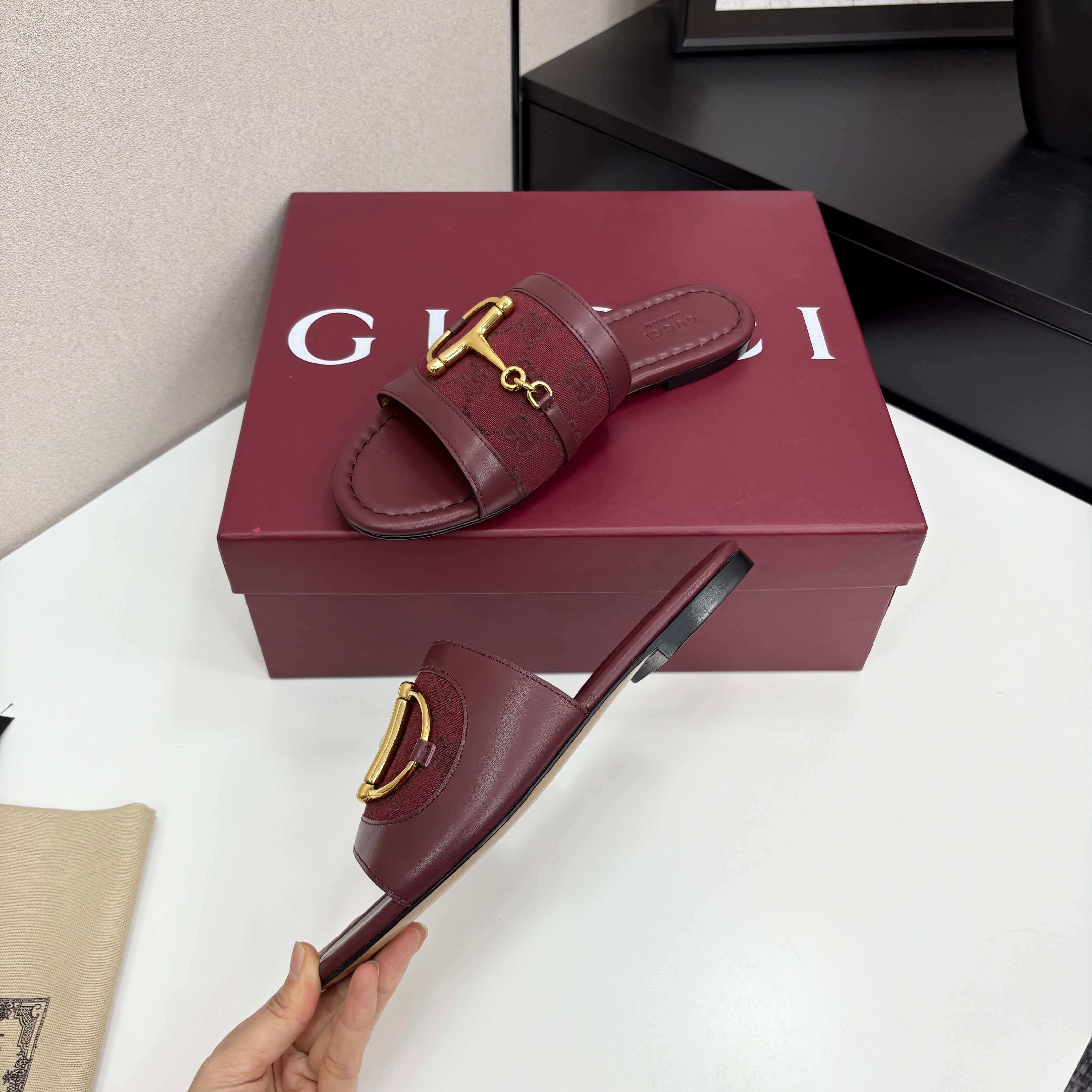 Gucci Women's Rosso Ancora Red Leather Slide Sandals with Horsebit and GG Monogram Canvas - Image 4