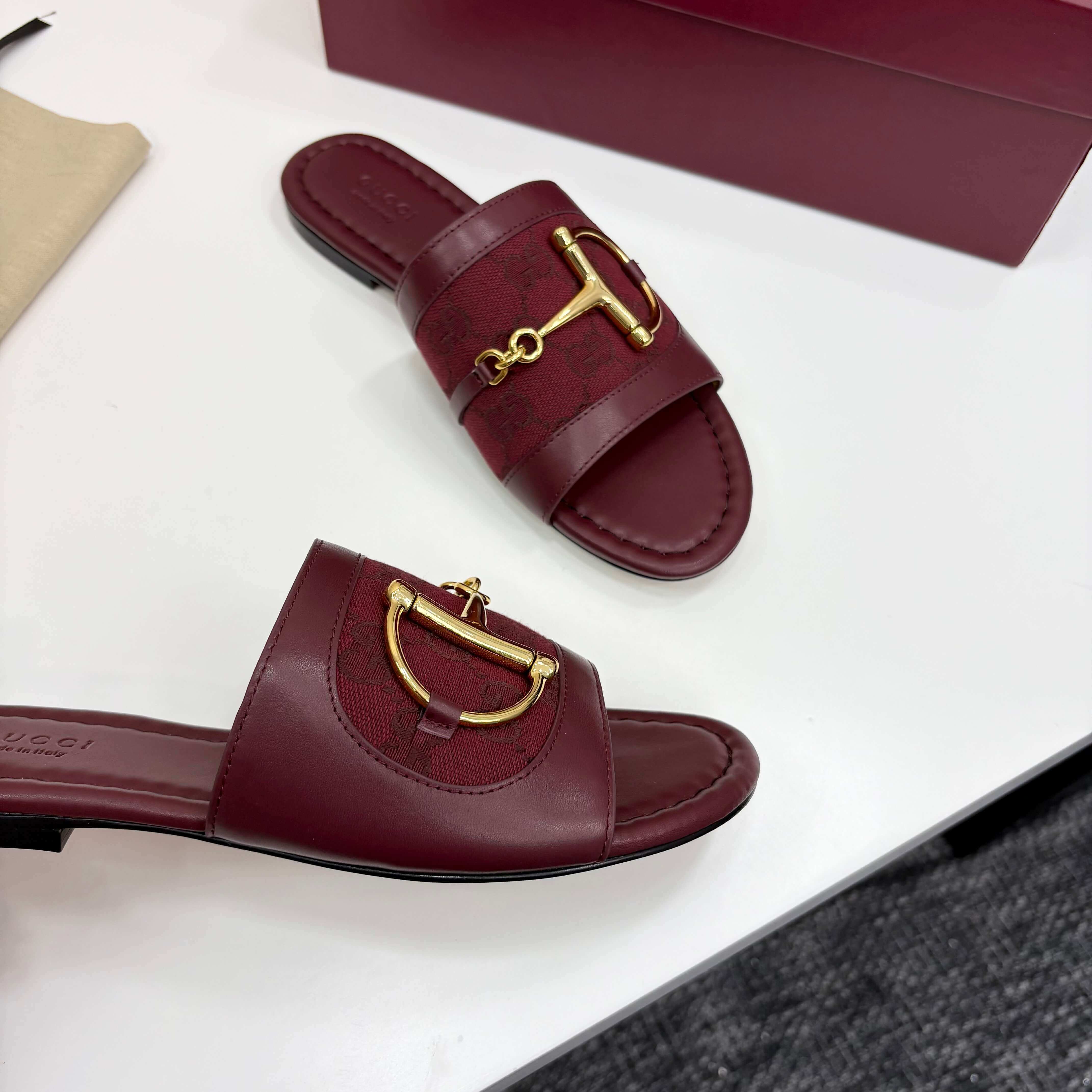 Gucci Women's Rosso Ancora Red Leather Slide Sandals with Horsebit and GG Monogram Canvas - Image 9