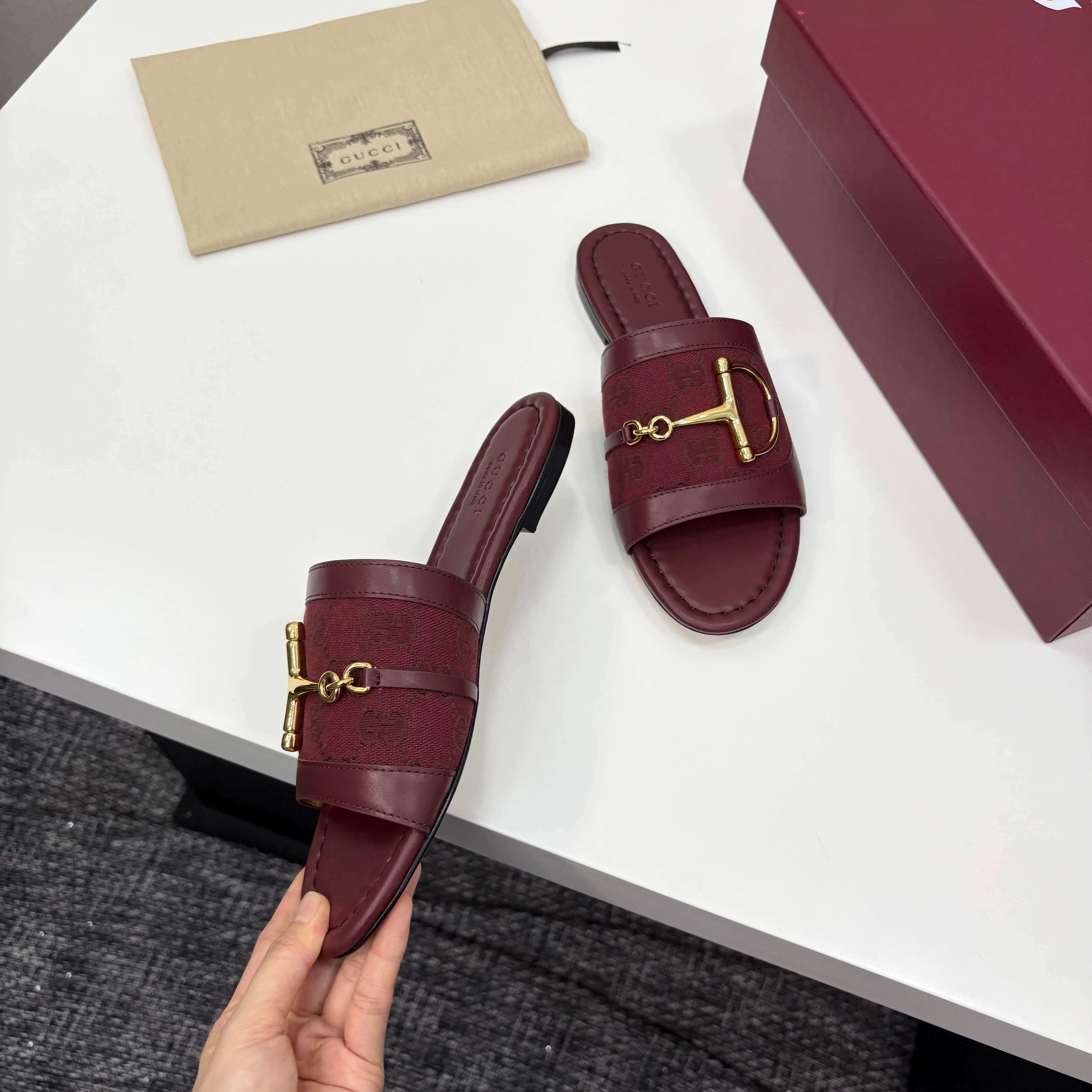 Gucci Women's Rosso Ancora Red Leather Slide Sandals with Horsebit and GG Monogram Canvas - Image 10