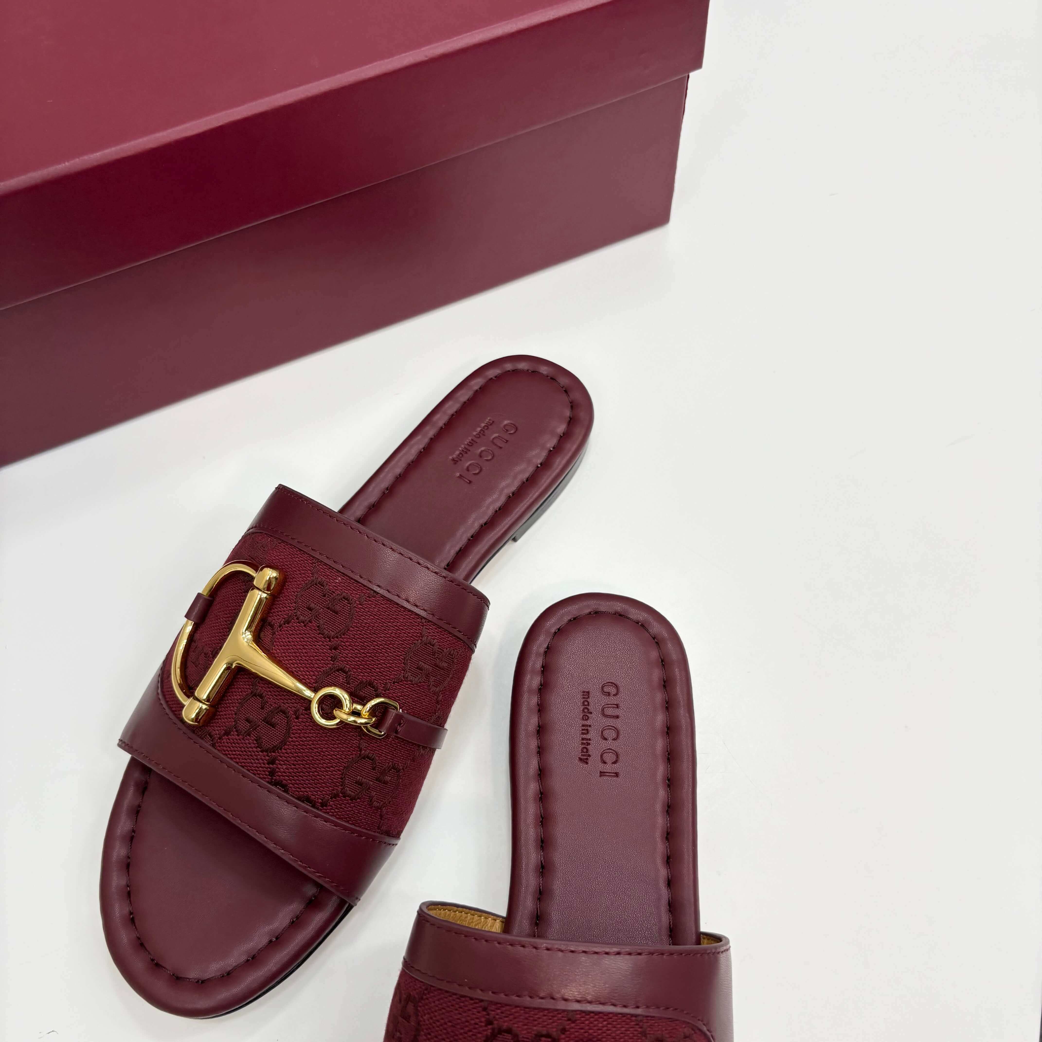 Gucci Women's Rosso Ancora Red Leather Slide Sandals with Horsebit and GG Monogram Canvas - Image 2