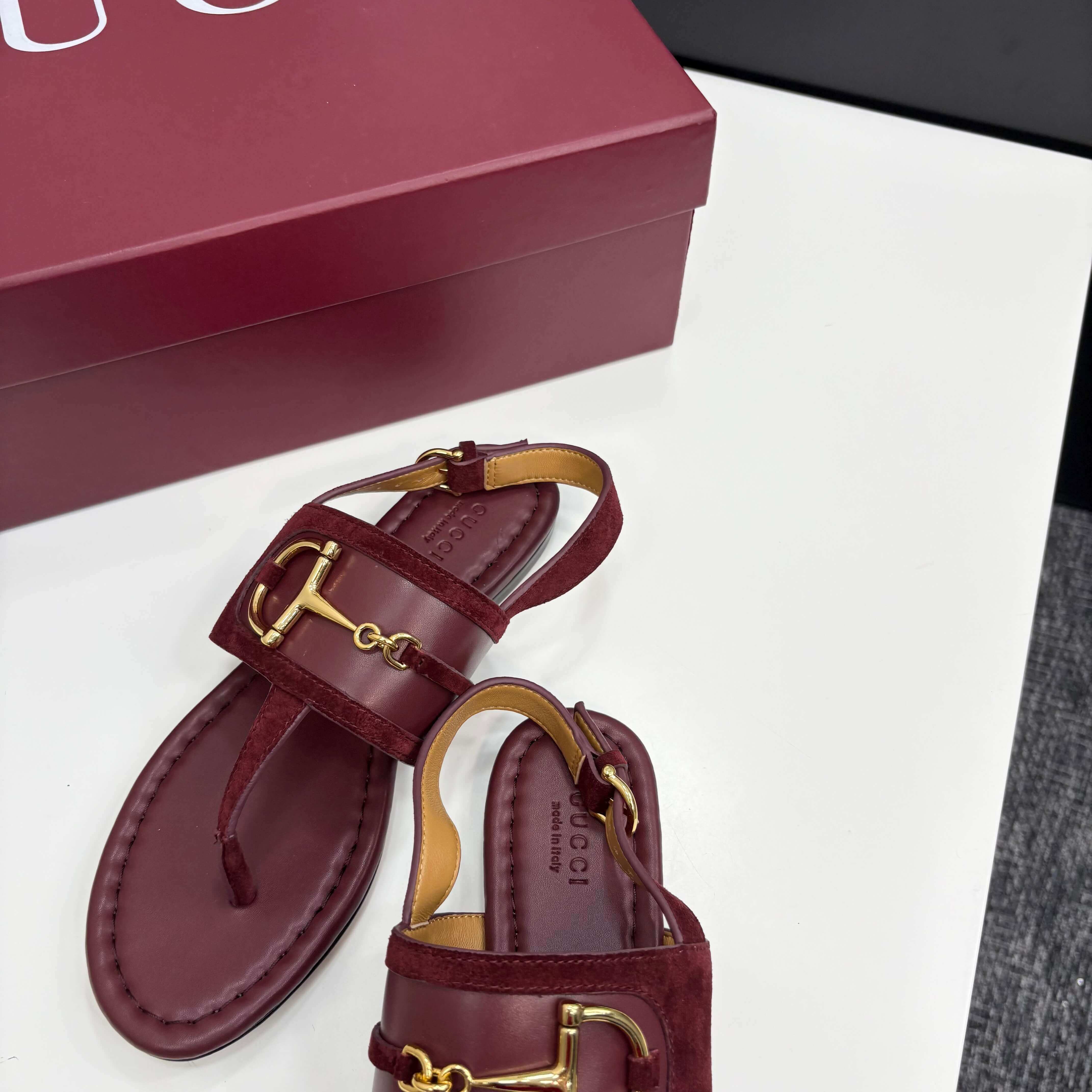 Gucci Women's Rosso Ancora Red Suede Thong Sandals with Gold-Toned Horsebit Detail - Image 4