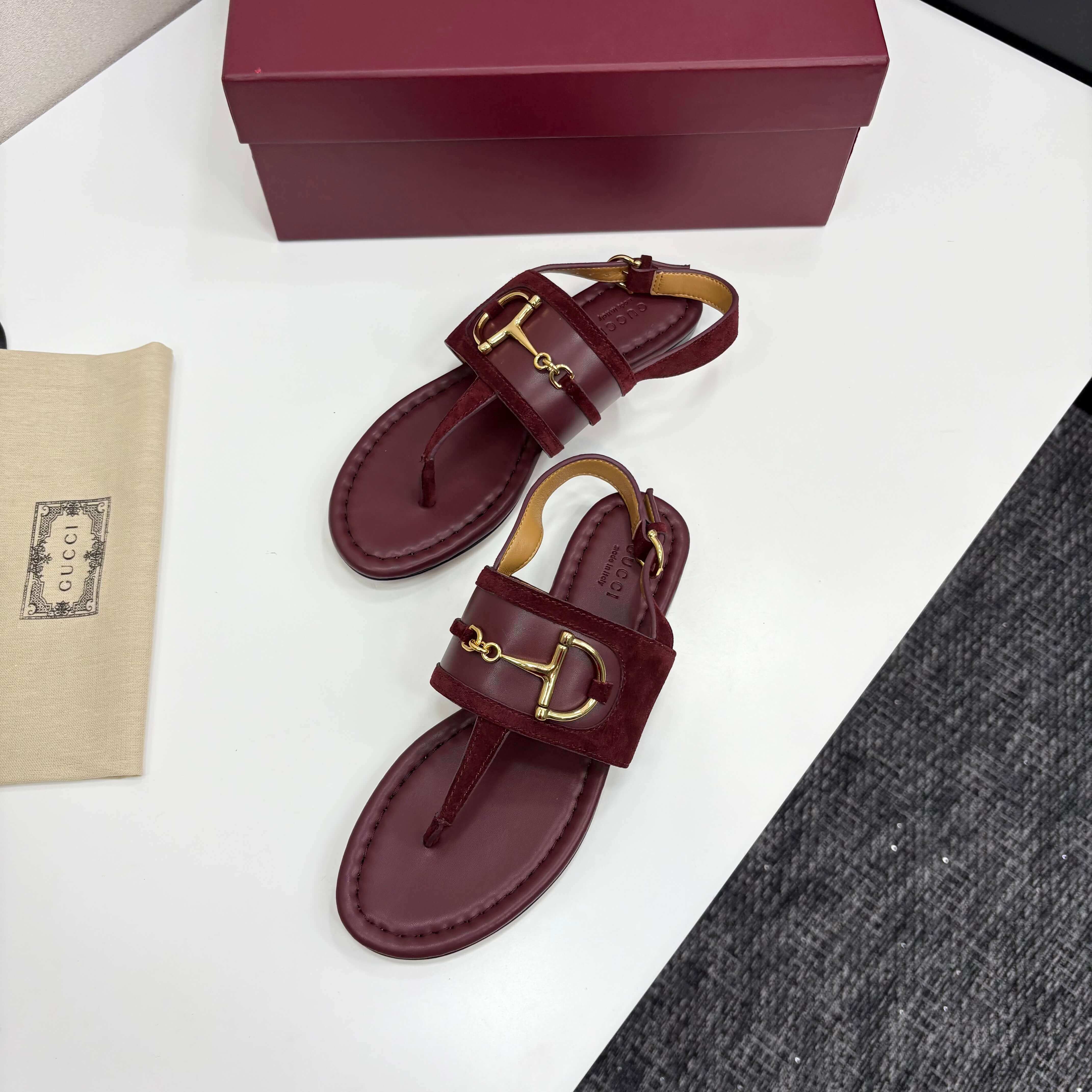 Gucci Women's Rosso Ancora Red Suede Thong Sandals with Gold-Toned Horsebit Detail