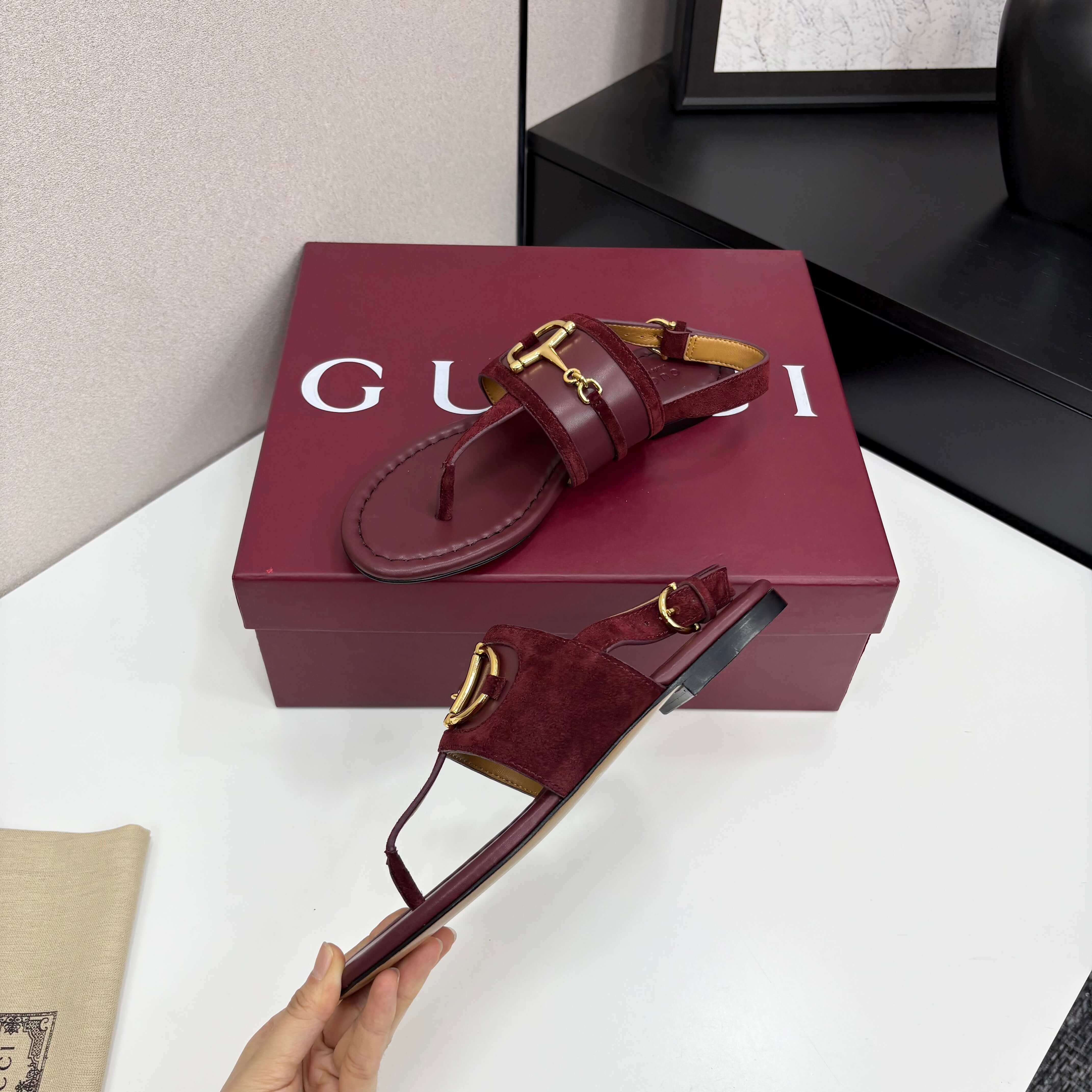 Gucci Women's Rosso Ancora Red Suede Thong Sandals with Gold-Toned Horsebit Detail - Image 6