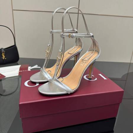 Gucci Women's Silver Leather Stiletto Sandals with Embellished T-Strap