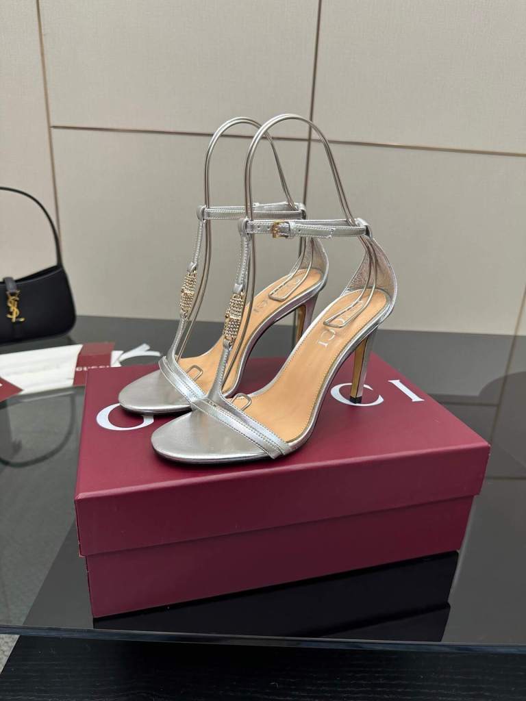 Gucci Women's Silver Leather Stiletto Sandals with Embellished T-Strap