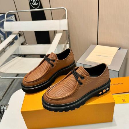 a pair of LV Ranger Derby Lace-Up Leather Shoes – Bold Luxury, Effortless Style on a box