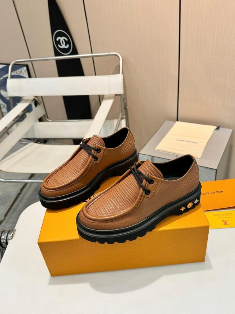 a pair of LV Ranger Derby Lace-Up Leather Shoes – Bold Luxury, Effortless Style on a box