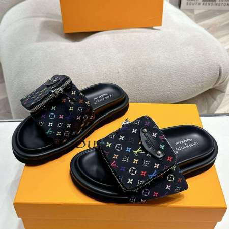 a pair of LV x Murakami Inspired Pool Pillow Flat Comfort Mule on a yellow box