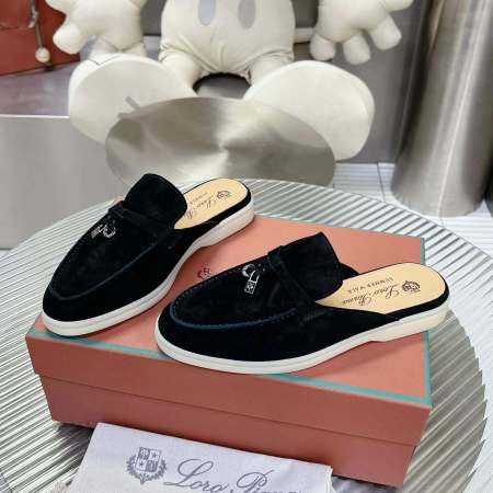 Loro Piana Men's/Unisex Babouche Charms Walk Loafers in Black Suede, displayed on a box.