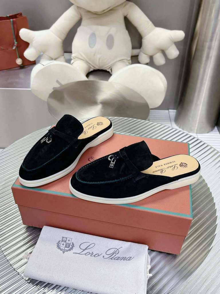 Loro Piana Men's/Unisex Babouche Charms Walk Loafers in Black Suede, displayed on a box.
