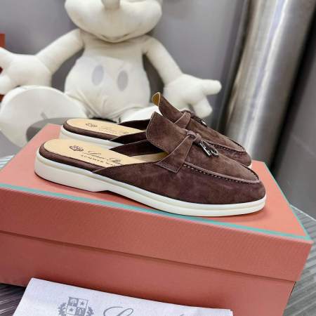 Loro Piana Men's/Unisex Babouche Charms Walk Loafers in Dark Brown Suede, displayed on a box.