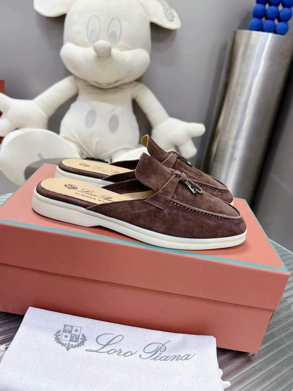 Loro Piana Men's/Unisex Babouche Charms Walk Loafers in Dark Brown Suede, displayed on a box.