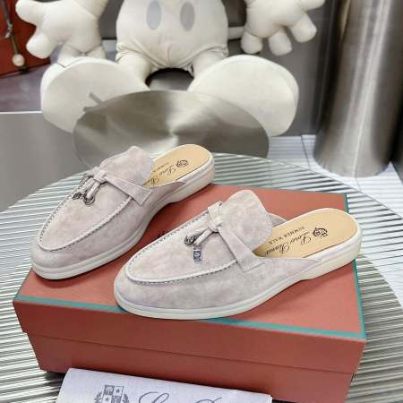 Loro Piana Men's/Unisex Babouche Charms Walk Loafers in Light Beige Suede, displayed on a box.