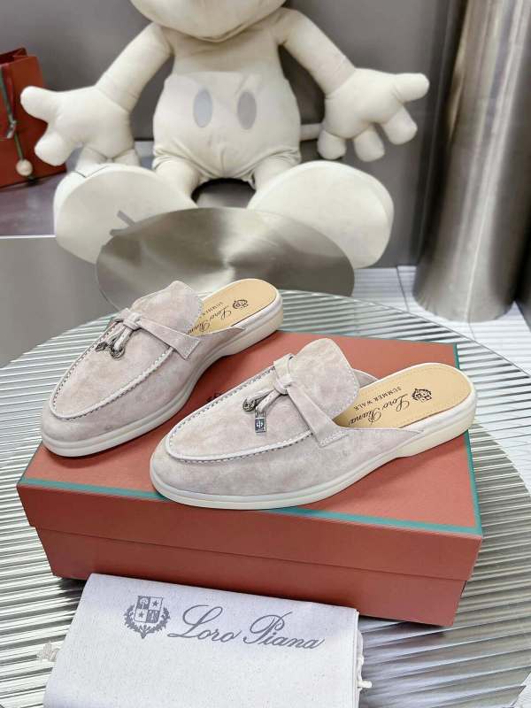 Loro Piana Men's/Unisex Babouche Charms Walk Loafers in Light Beige Suede, displayed on a box.