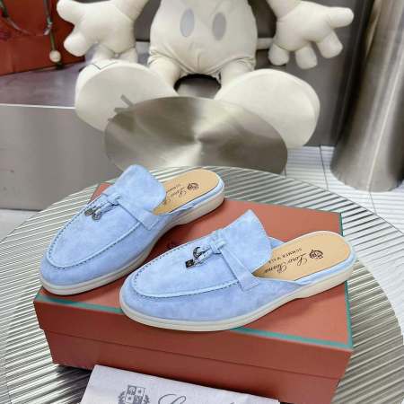 Loro Piana Men's/Unisex Babouche Charms Walk Loafers in Light Blue Suede, displayed on a box.