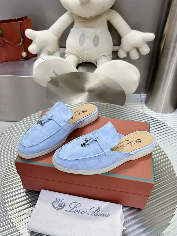 Loro Piana Men's/Unisex Babouche Charms Walk Loafers in Light Blue Suede, displayed on a box.