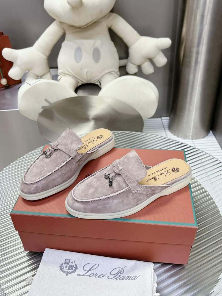 Loro Piana Men's/Unisex Babouche Charms Walk Loafers in Light Grey Suede, displayed on a box.